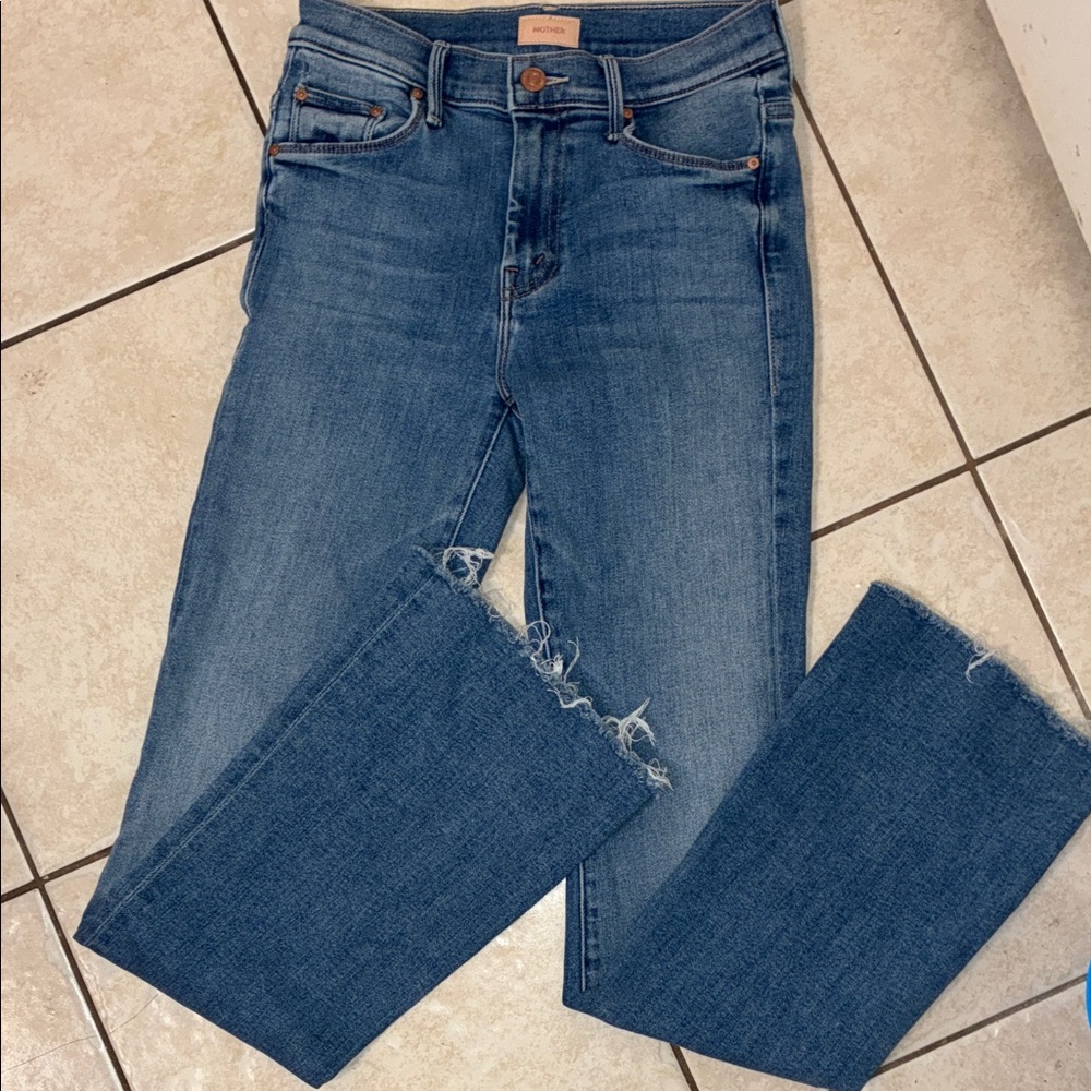 MOTHER Blue Straight-Leg Jeans with Raw Hem